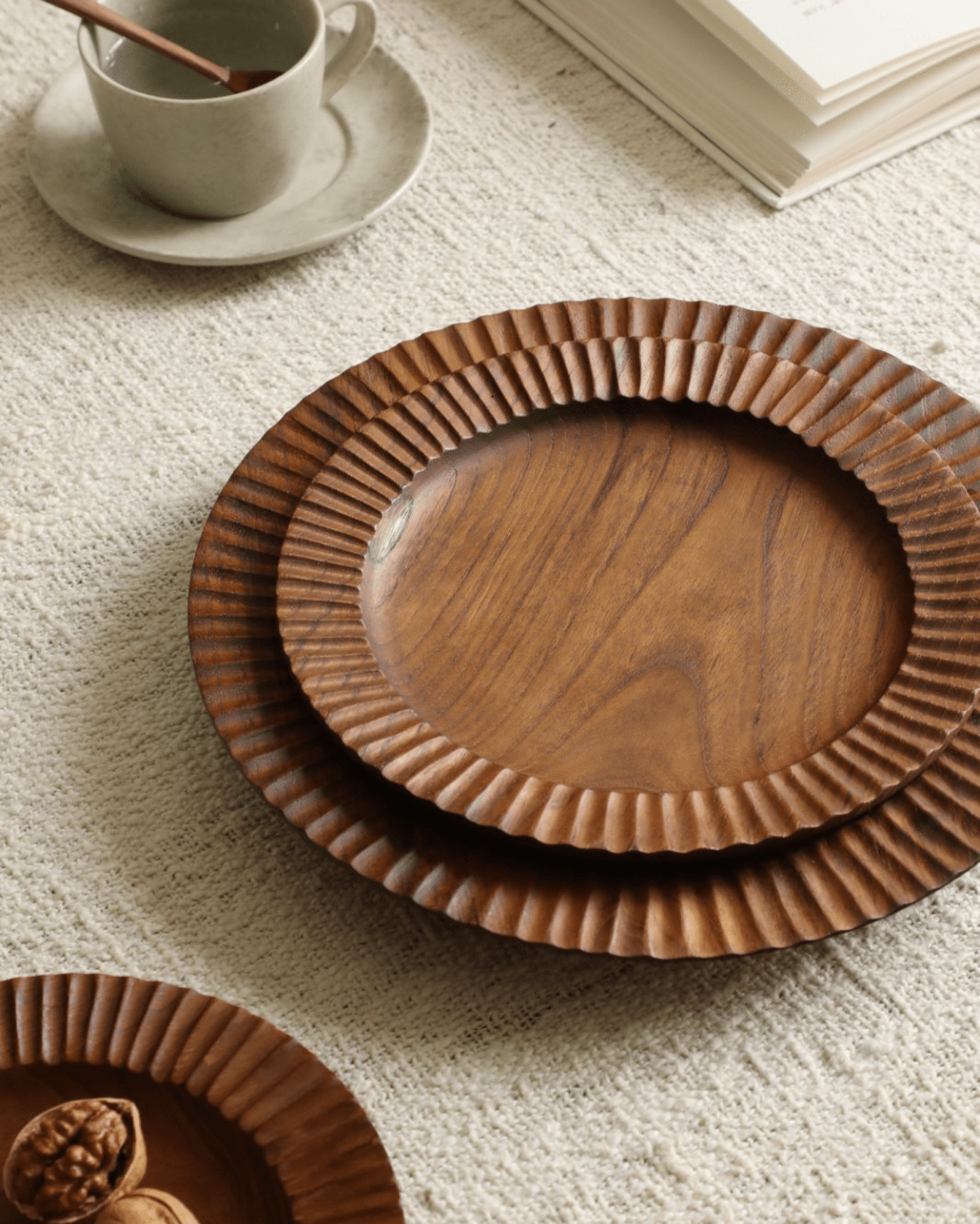 Handmade teak wood lace plate set, Indonesian design, for elegant dining