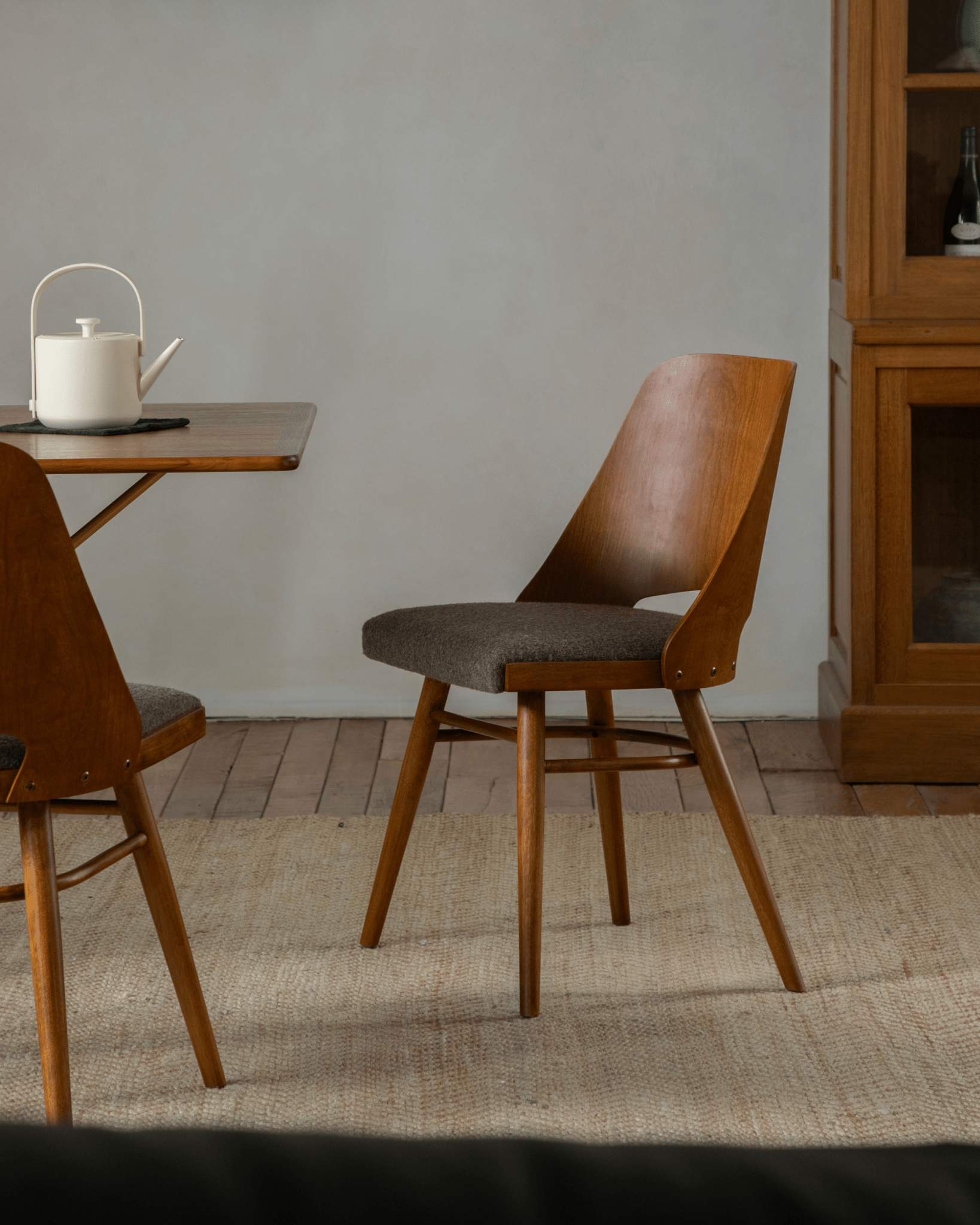 Shell Chair in teak wood with coffee grey loop fabric seat, mid-century modern style
