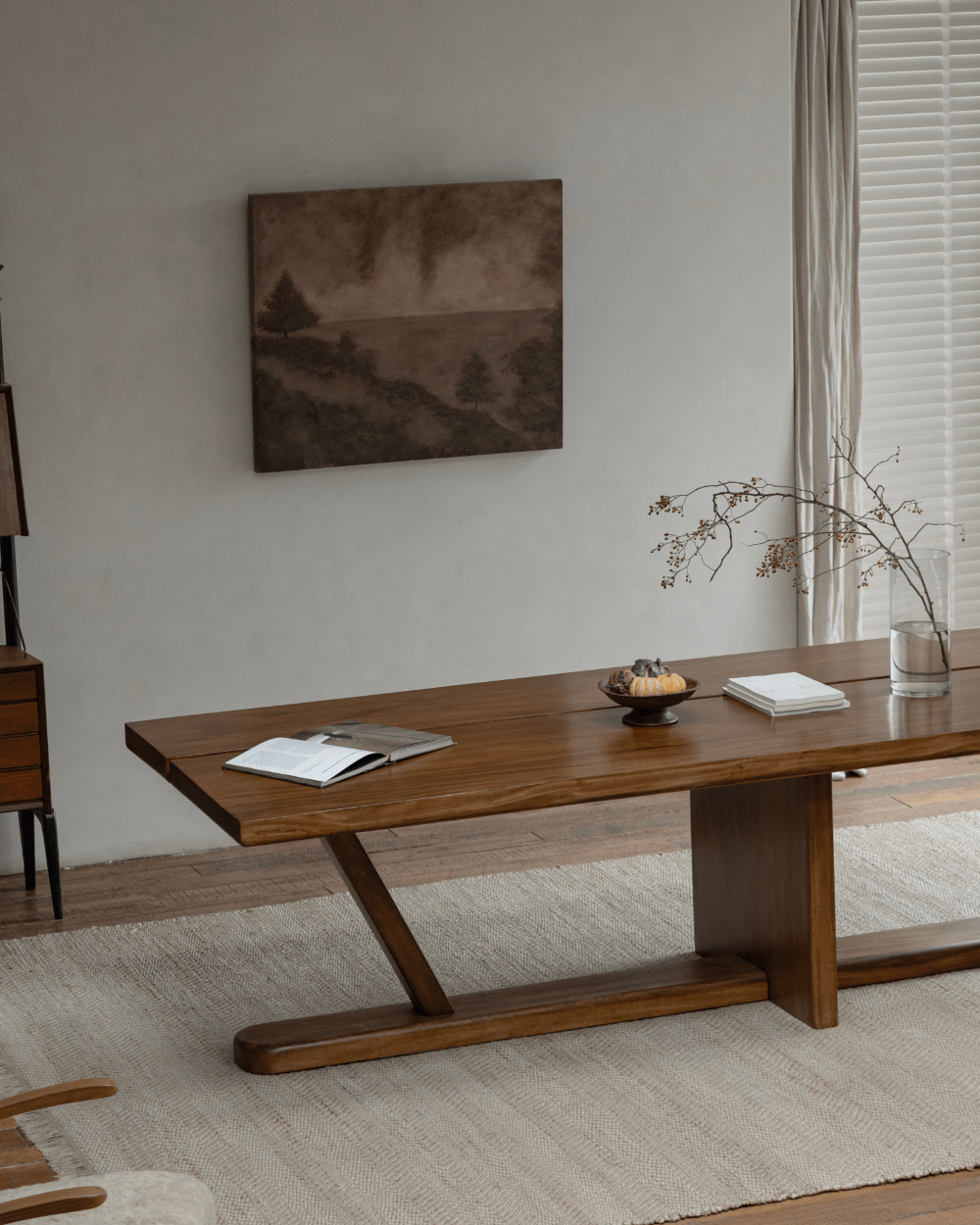 Sailboat Desk, modern solid wood desk with Z-shaped leg design, natural light, and elegant decor