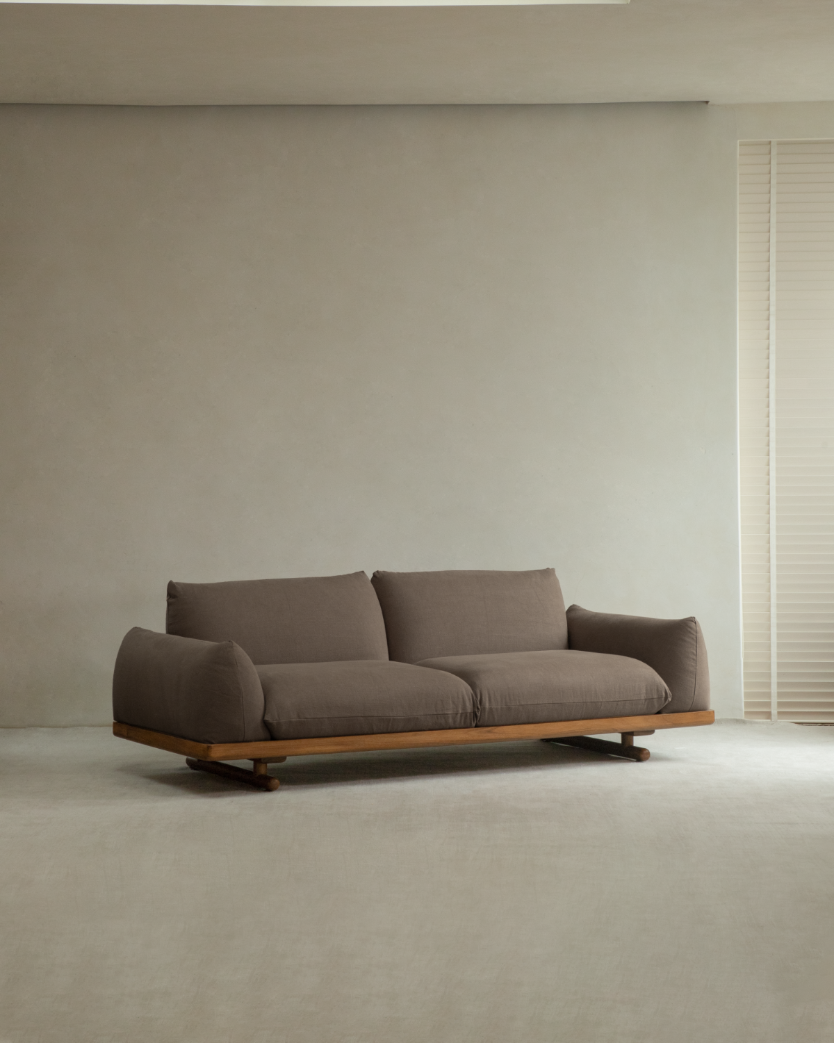 Adrian Sofa with taupe linen upholstery and solid teak wood base