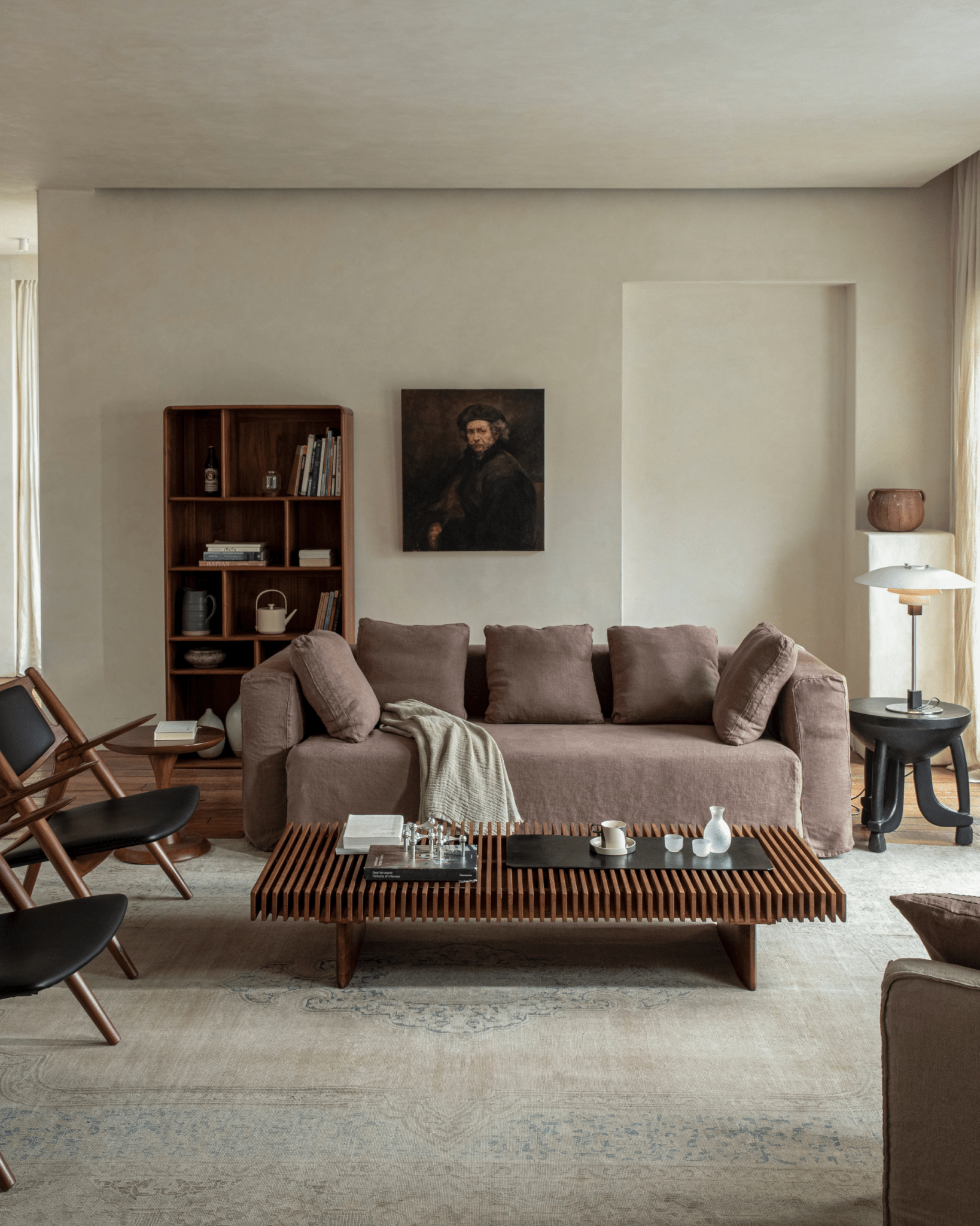Riva Coffee Table in a modern living room with modern design, teak wood slatted construction