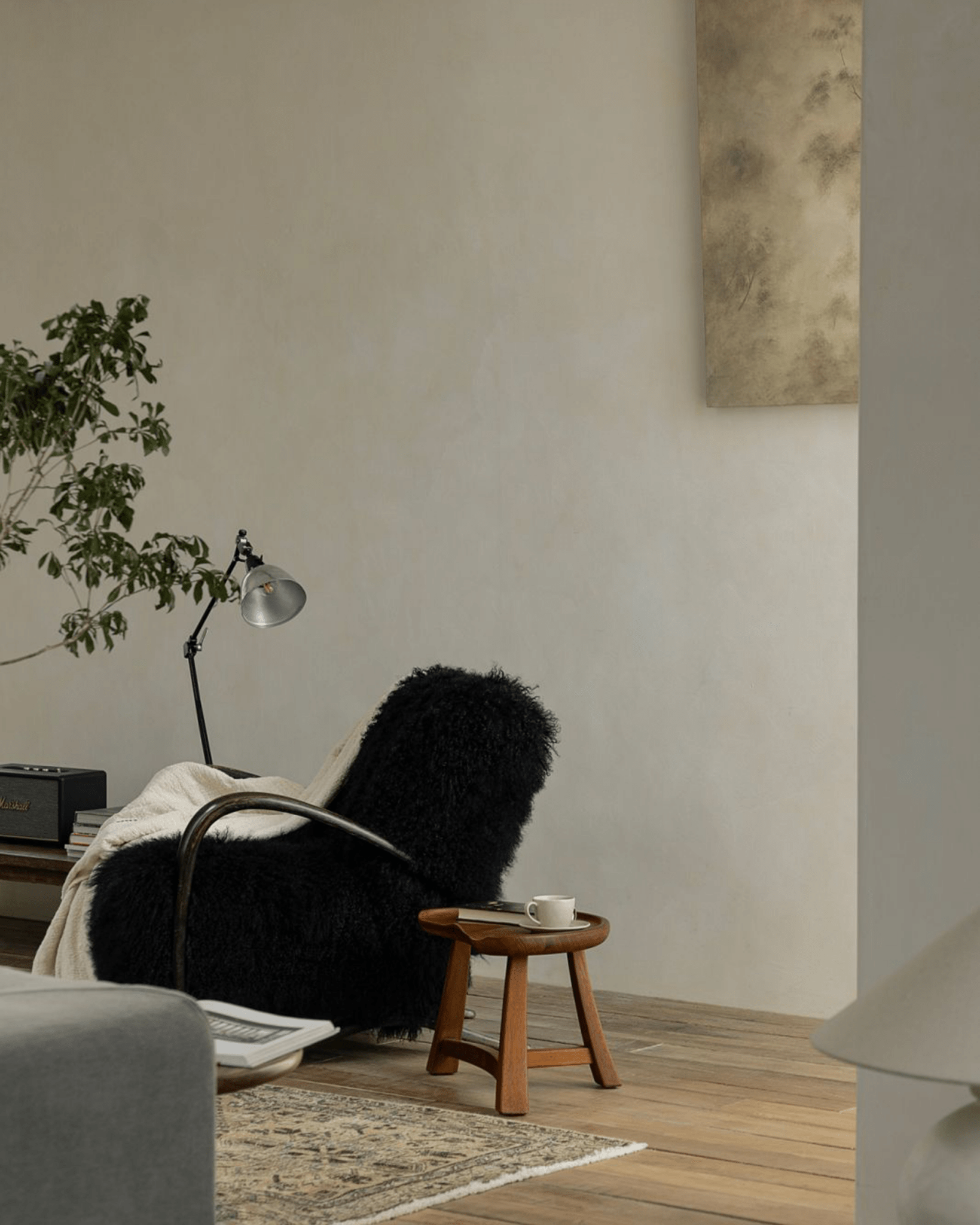 Pod Stool in natural wood finish as a side table, vintage living room design