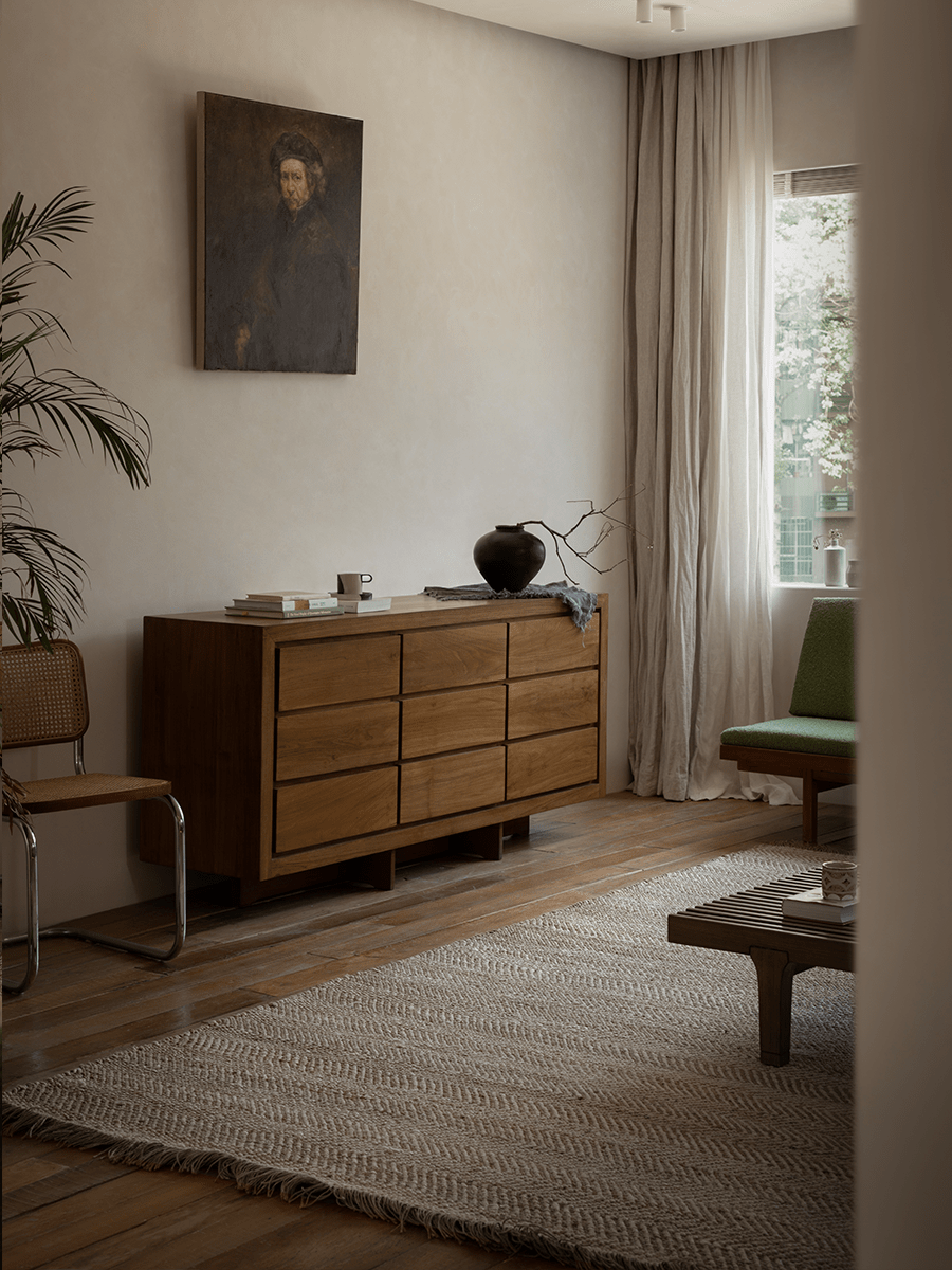 Palette Teak Sideboard in a modern living room setting, solid teak wood nine-drawer buffet for ample storage
