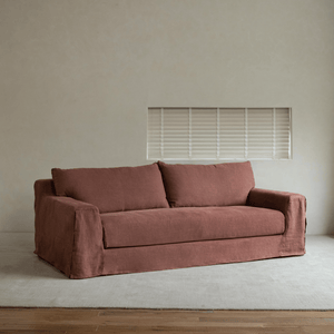 Guni Linen Sofa in terracotta, featuring linen fabric and triple filling, perfect for relaxed and spacious living.
