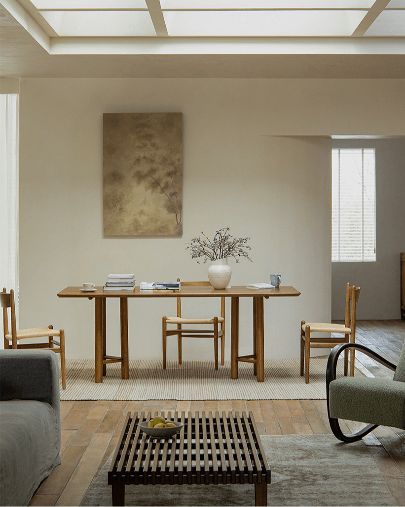Columna Cherry Wood Dining Table, showcasing red cherry wood details with chairs, ideal for dining or working space