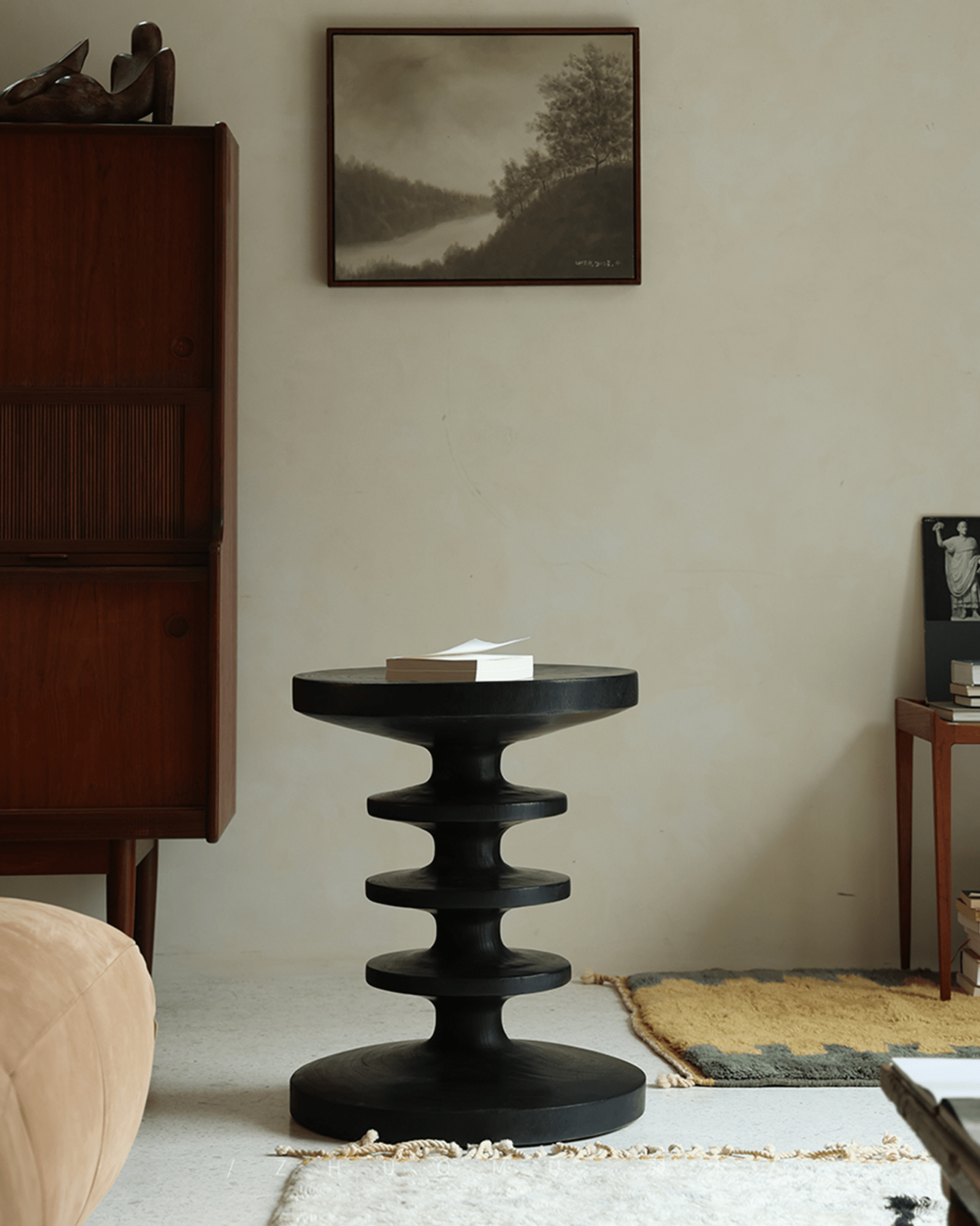Helix side table, black sculptural design, modern home decor