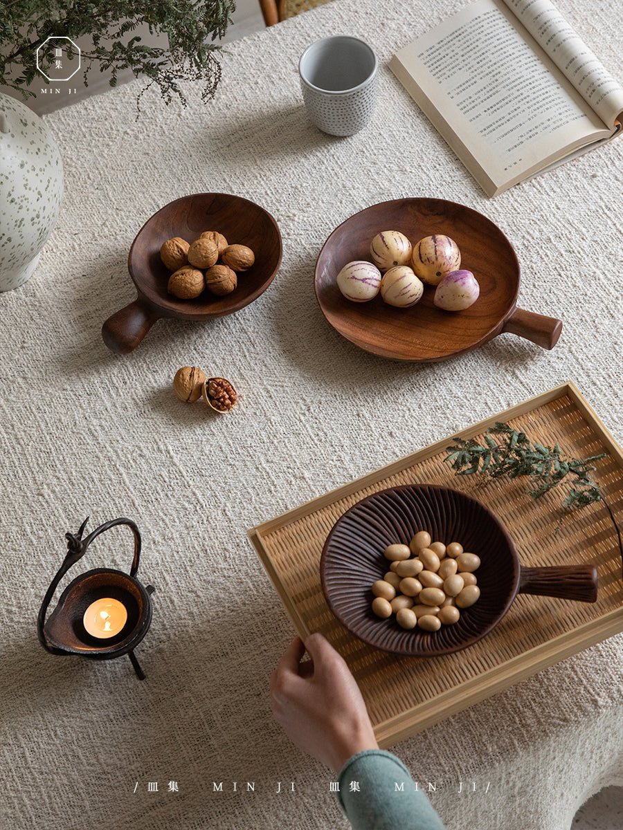Handcrafted MIN JI Teak Wood Serving Trays with Food, perfect for dining presentation