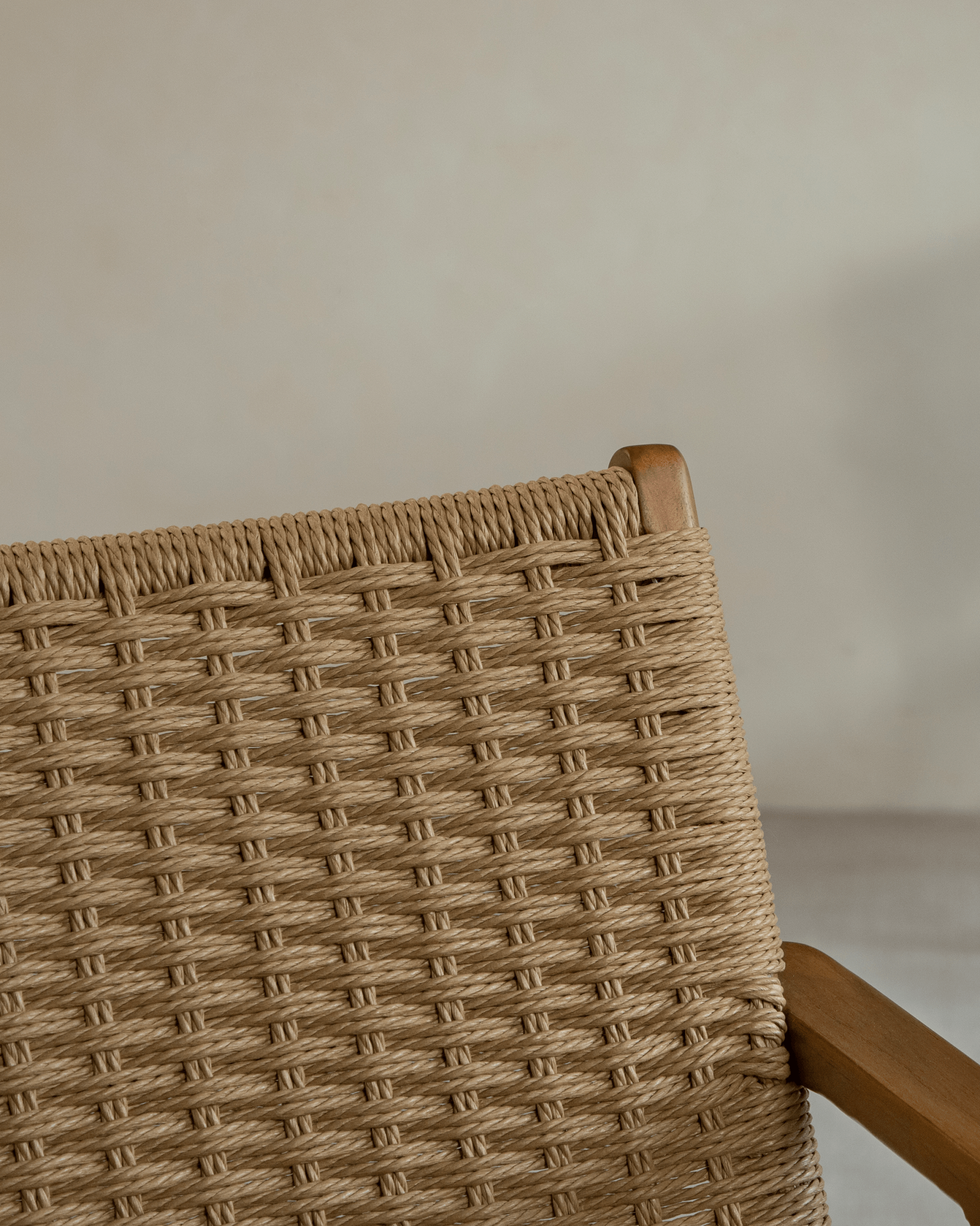 Louisa Chair detail: Woven seat with teak frame. MCM design, perfect for study or dining.