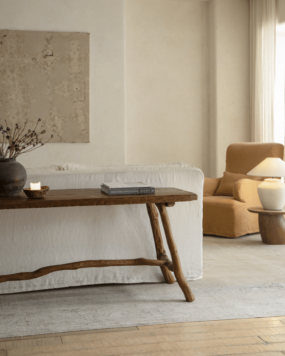 Branch Console Table in a rustic living room setting, natural wood grain and organic design