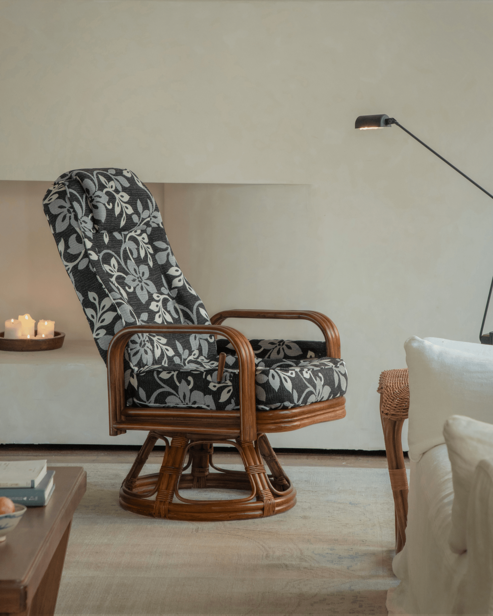 Willow Rattan Chair with floral cushion, Indonesian rattan frame, and modern design