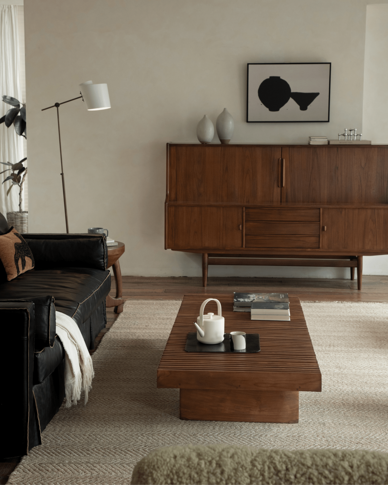 Riva Coffee Table in modern organic living room setting, solid teak wood slatted design