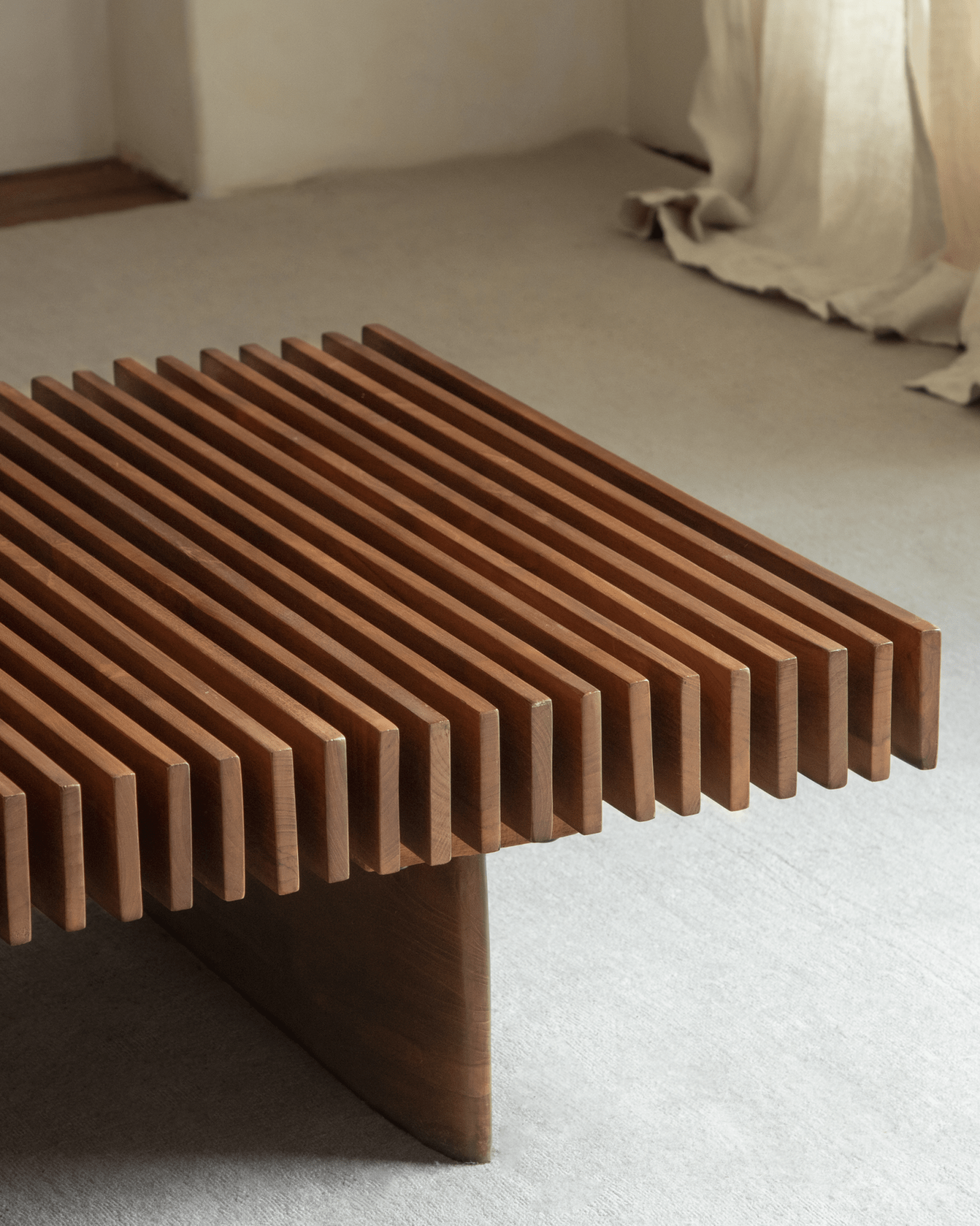 Riva Coffee Table, solid teak wood slatted coffee table with a modern organic design