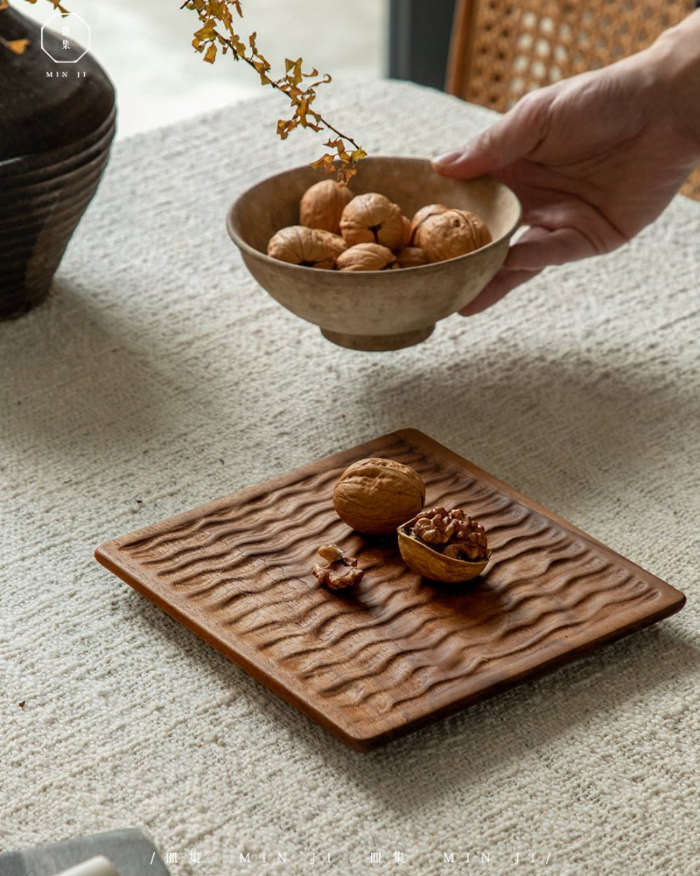 Handcrafted teak wood tray with wave design, MIN JI brand, perfect for food display