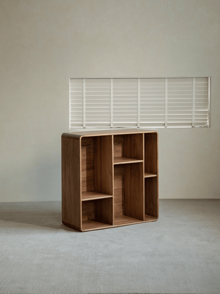 Klotski Modular Bookcase with unique grid design and warm wood finish