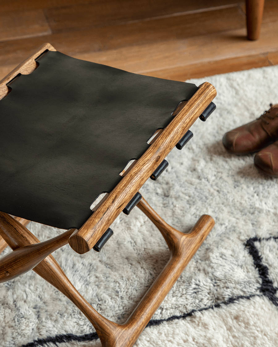 Maverick Leather Stool | Foldable Teak & Saddle Leather - ZM Home Maverick Leather Stool | Foldable Teak & Saddle Leather - ZM Home