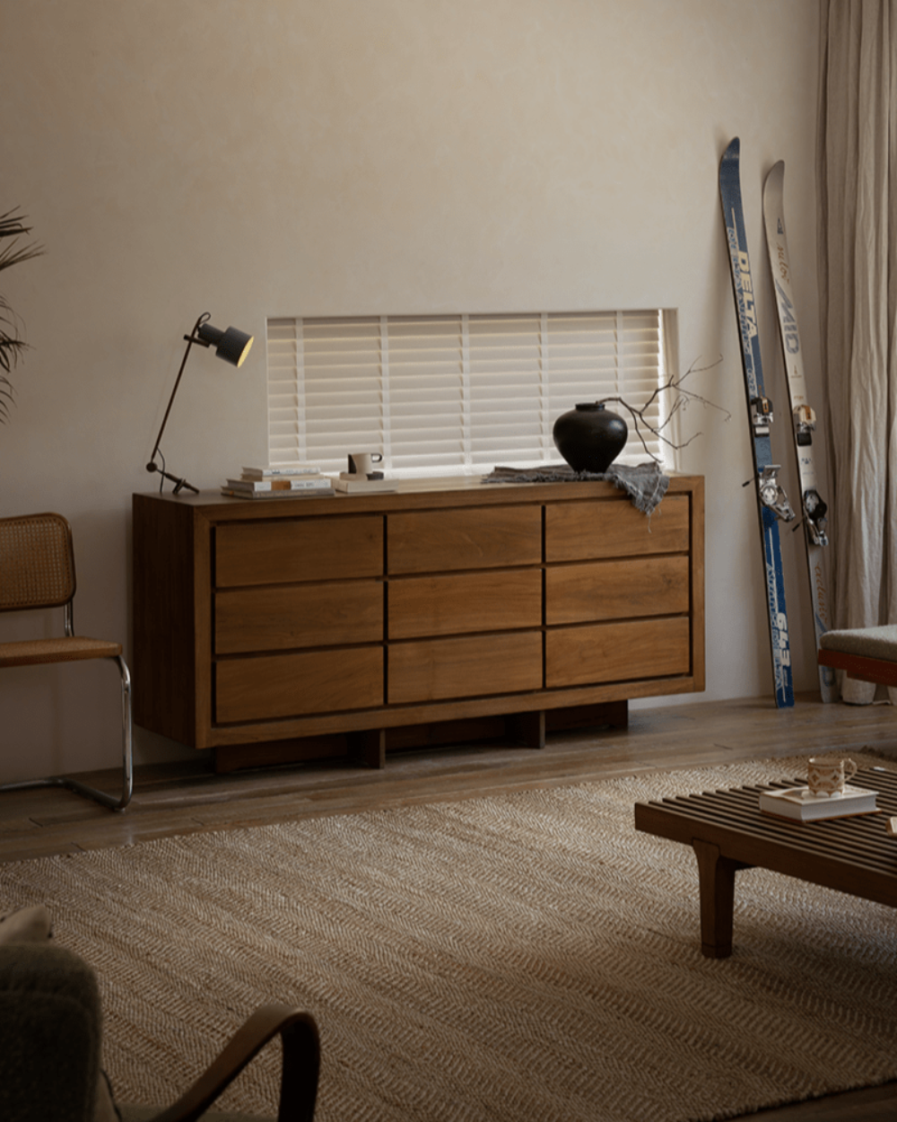 Palette Teak Sideboard in a modern living room setting, featuring solid teak wood and ample storage design