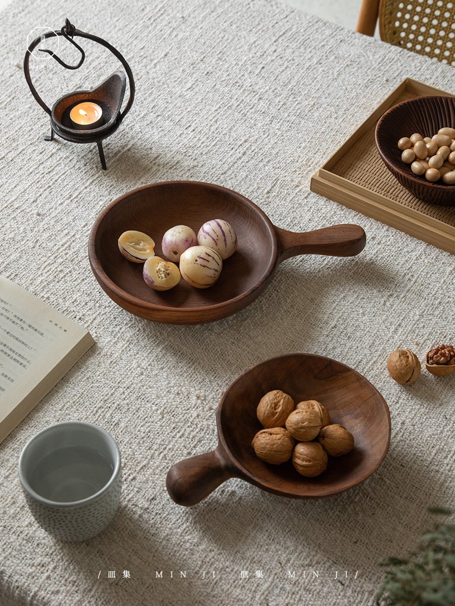 Handcrafted Fany Tray from MIN JI brand, filled with snacks, elegant teak wood for serving, perfect for home decor.