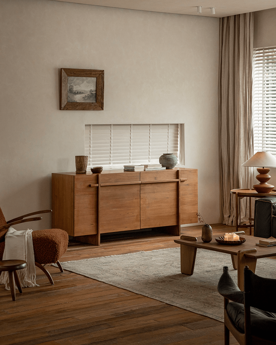 NO.42 Teak Sideboard in natural wood, buffet style with two drawers and four doors. Elegant storage solution.