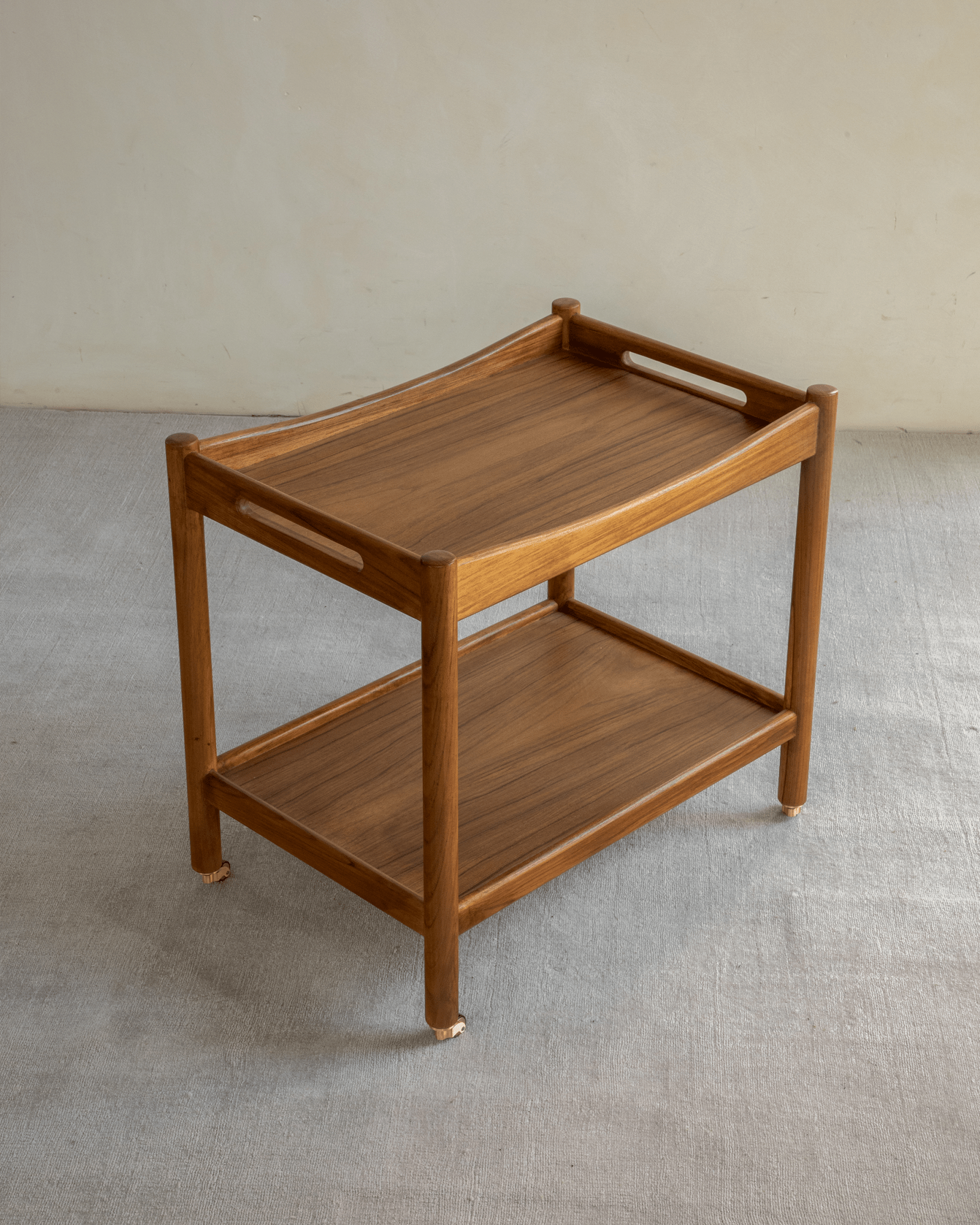 Brooklyn Bar Cart - Two-tier wooden bar cart with handle, brass accents and raised edges