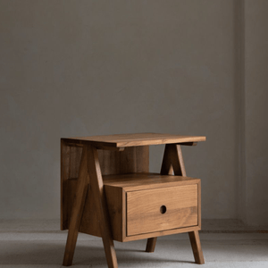 Astral Nightstand by ZM Home - Wooden bedside table with drawer and open shelf, modern bedroom storage.