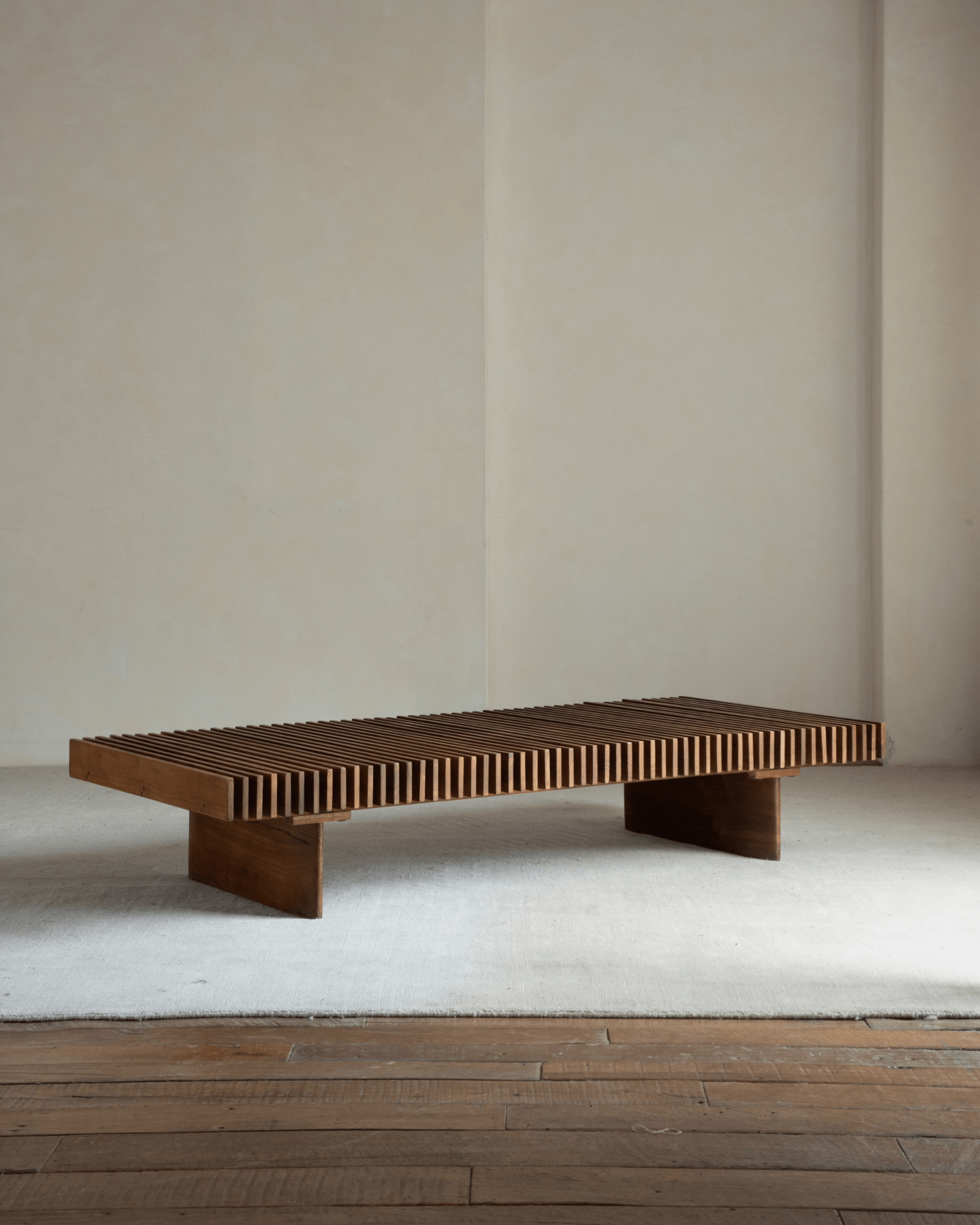 Riva Coffee Table: Solid teak wood slatted coffee table, modern organic design