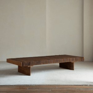 Riva Coffee Table: Solid teak wood slatted coffee table, modern organic design