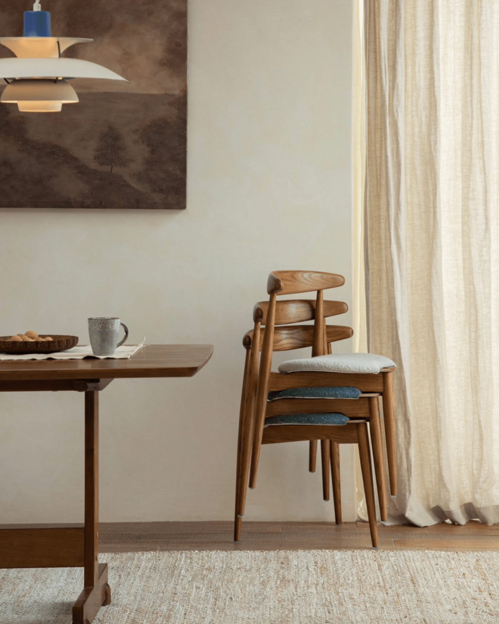 Heart Dining Chair in stacked with wooden frame, teal fabric, Danish design, vintage decor