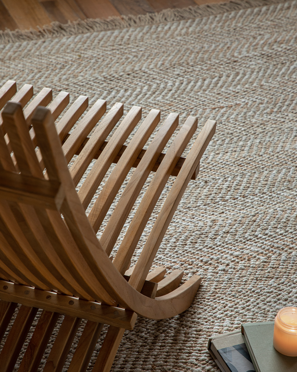 Oly Lounge Chair in wooden slatted design, interior setting, for comfortable relaxation