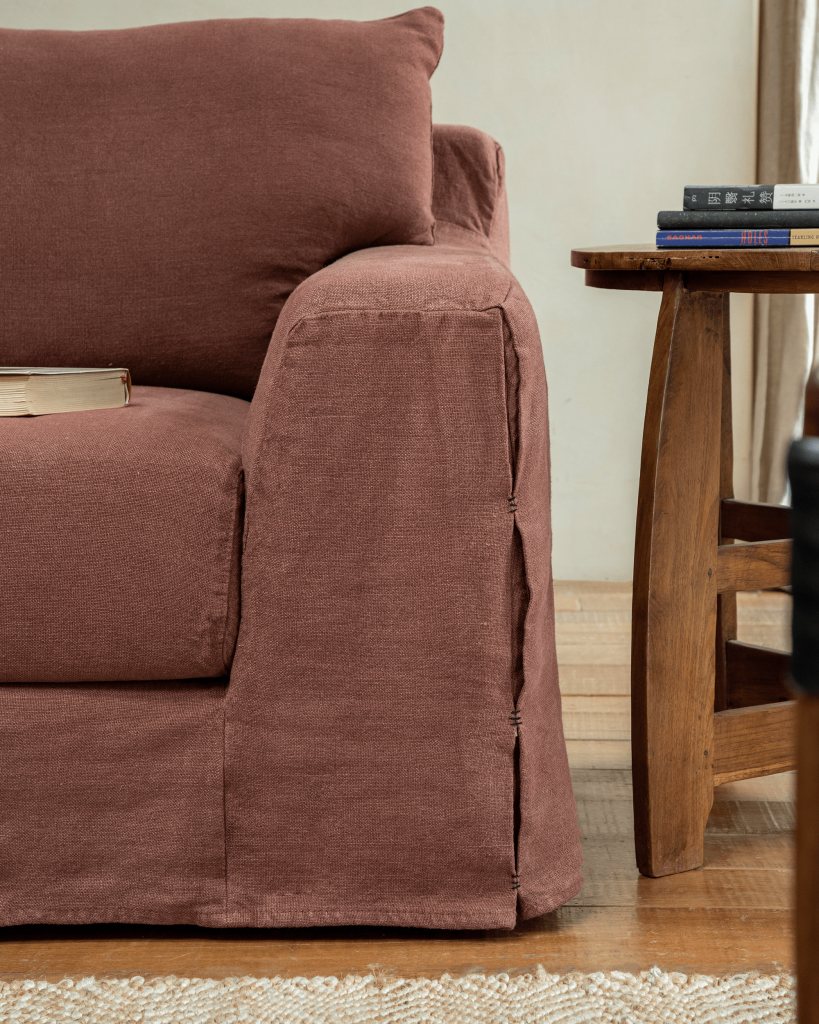 Terracotta Guni Linen Sofa, showcasing the linen fabric texture and cozy design.