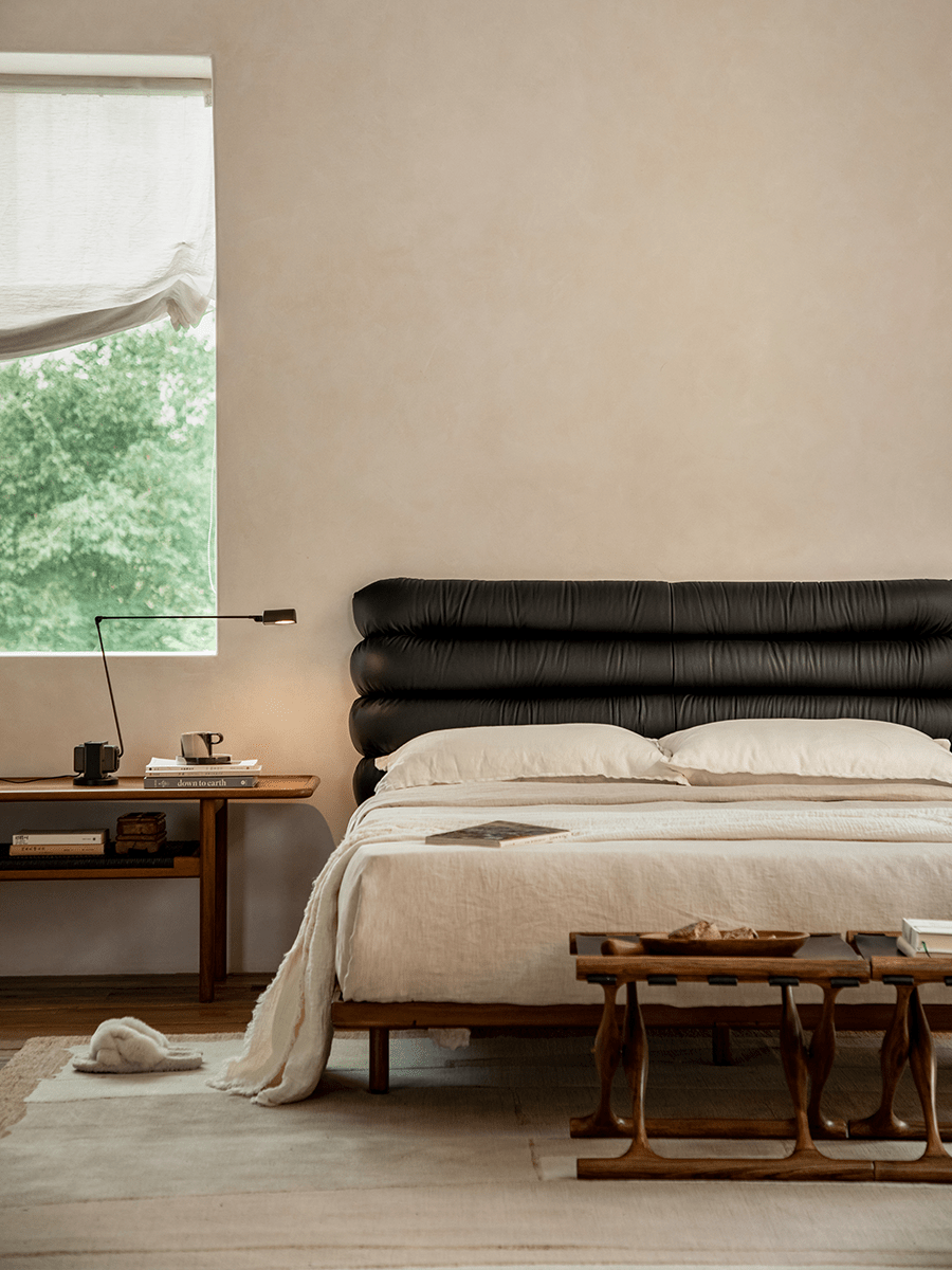 Seren Teak Leather Bed - ZM Home