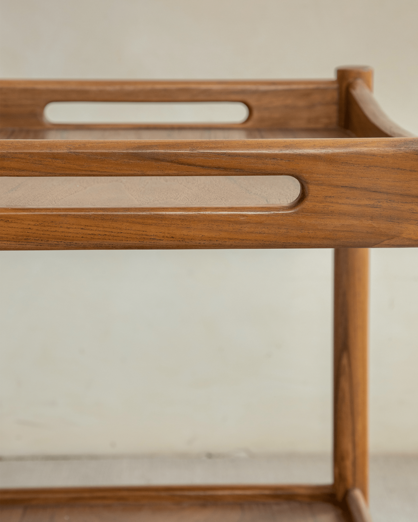 Brooklyn Bar Cart handle detail, wooden bar cart with easy-grip handle