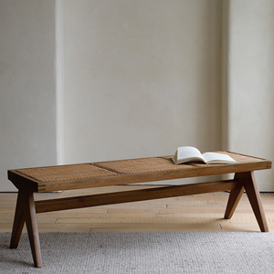 Chandigarh Bench with teak wood frame and woven natural rattan seat.