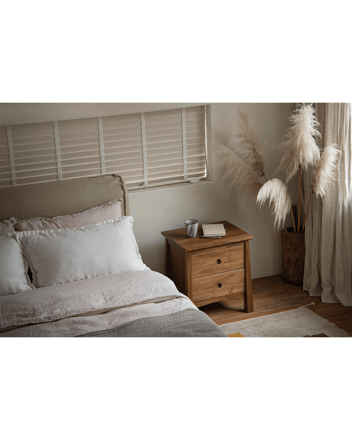 ZM Home Astral Nightstand in a bedroom setting, wooden bedside table, two drawers, modern design