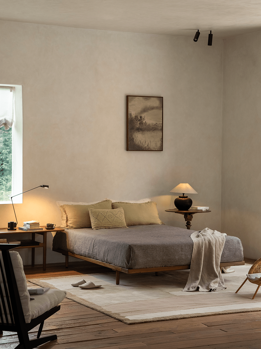 Seren Teak Linen Bed in a calming bedroom, solid teak frame, linen cover, natural light, and serene atmosphere