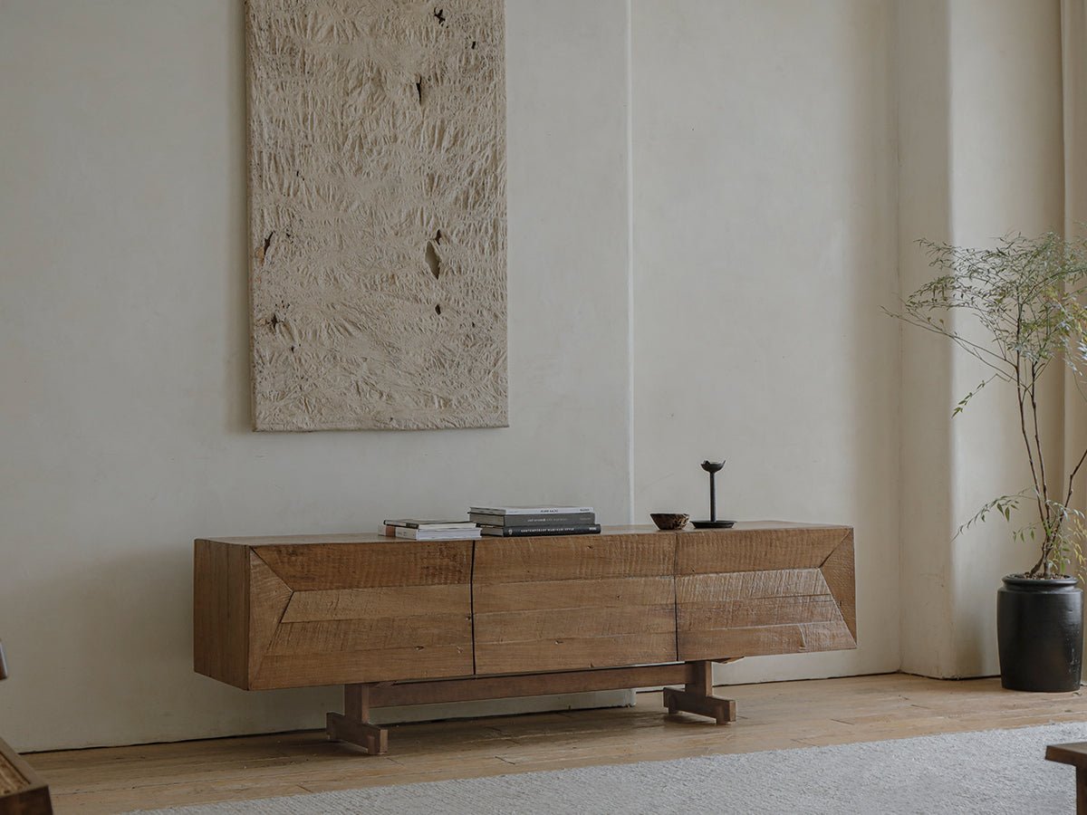 No.3 Sideboard in reclaimed wood with geometric panels, modern design, natural elements, and room setting.