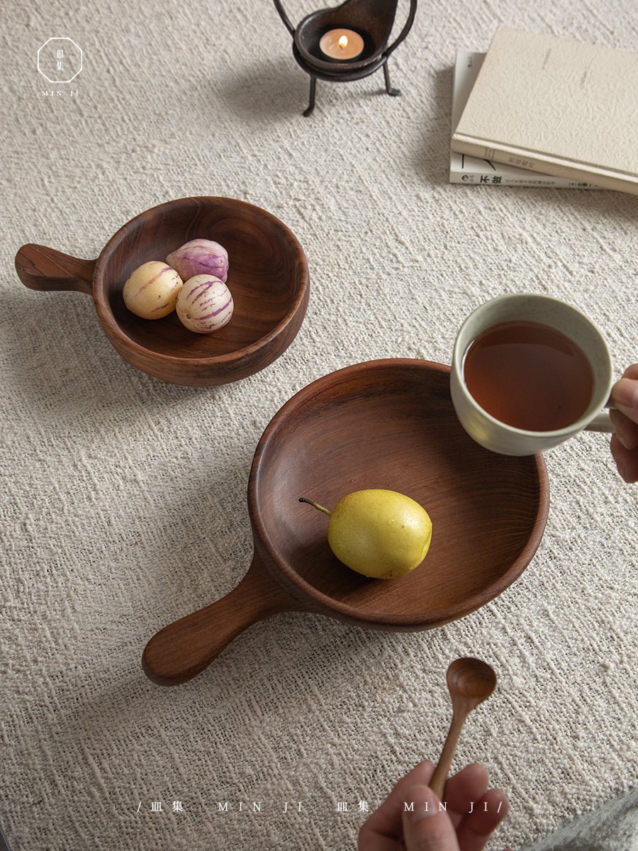 MIN JI Handcrafted Fany Tray serving snacks and decor. Teak wood serving tray with handle and fruit.