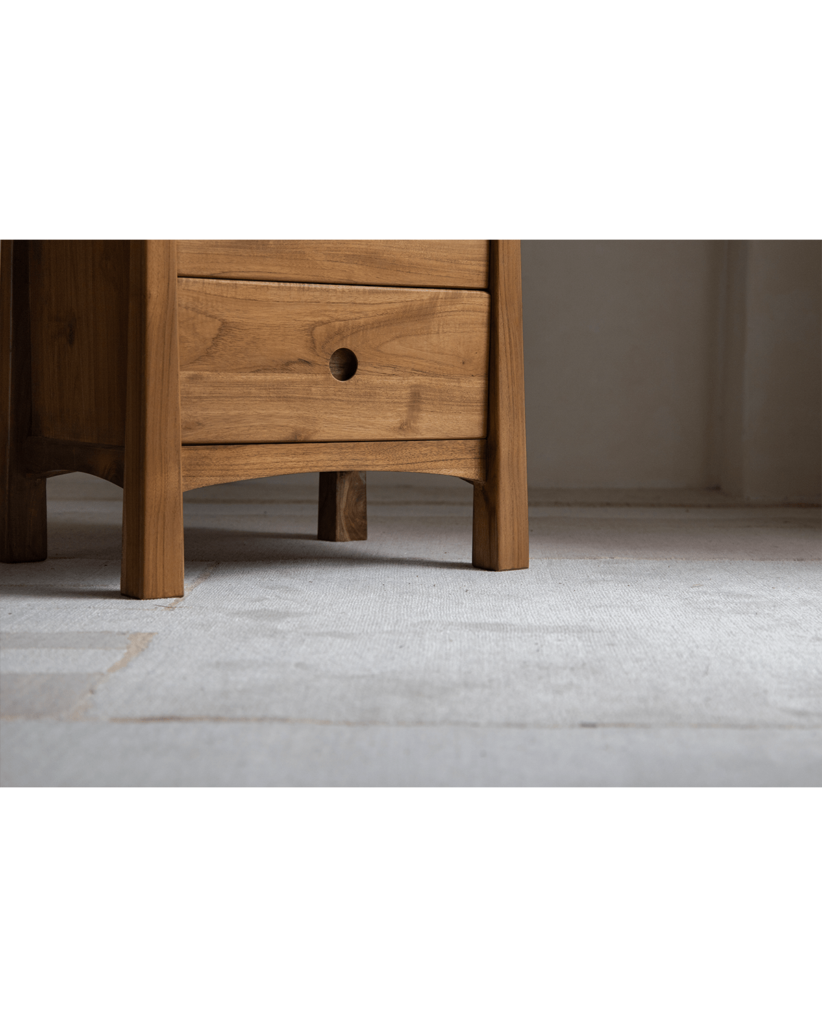 ZM Home Astral Nightstand detail: wooden drawer and legs, modern bedroom furniture.