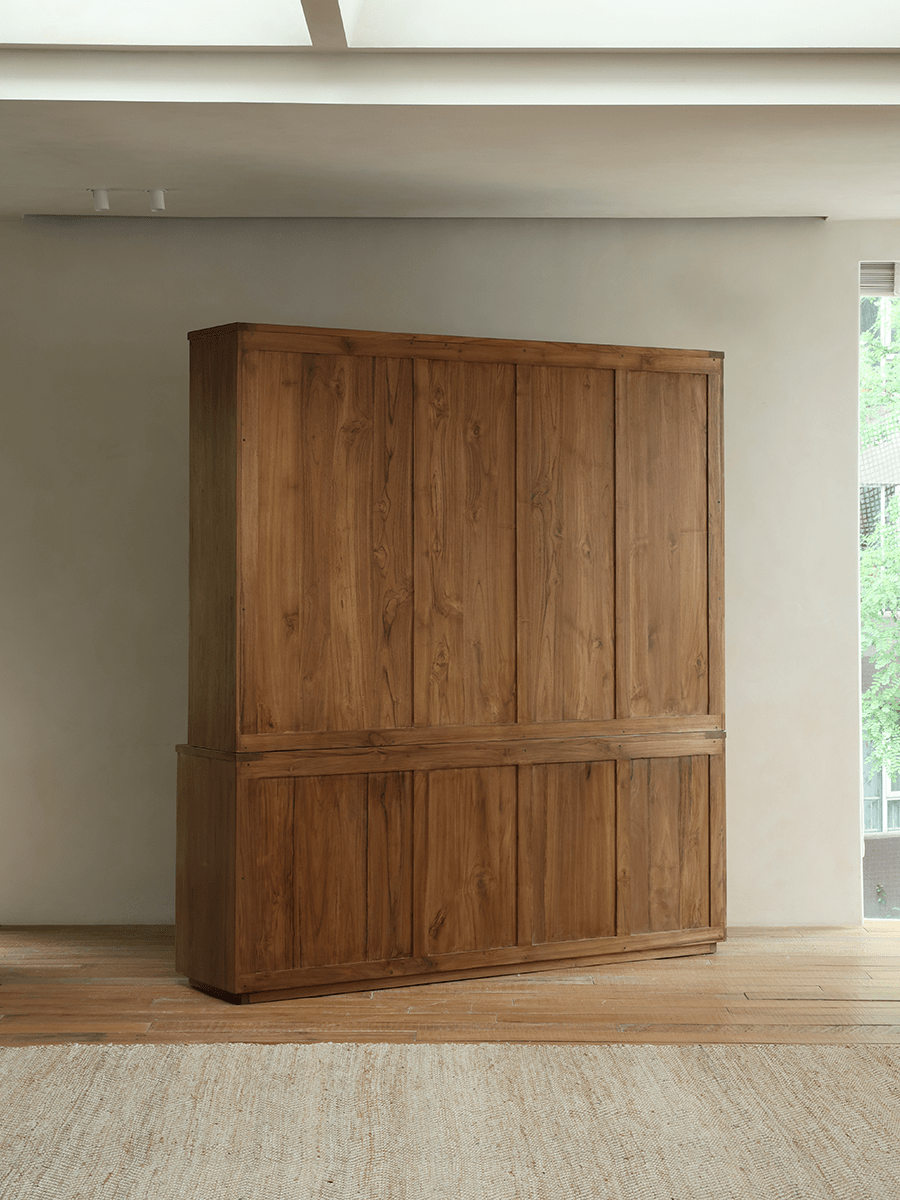 Teak wood glass front bookcase, elegant display cabinet for living room storage