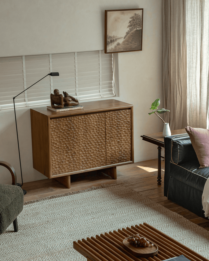 NO.3 Wave Cabinet with unique textured doors in a cozy modern vintage living room.
