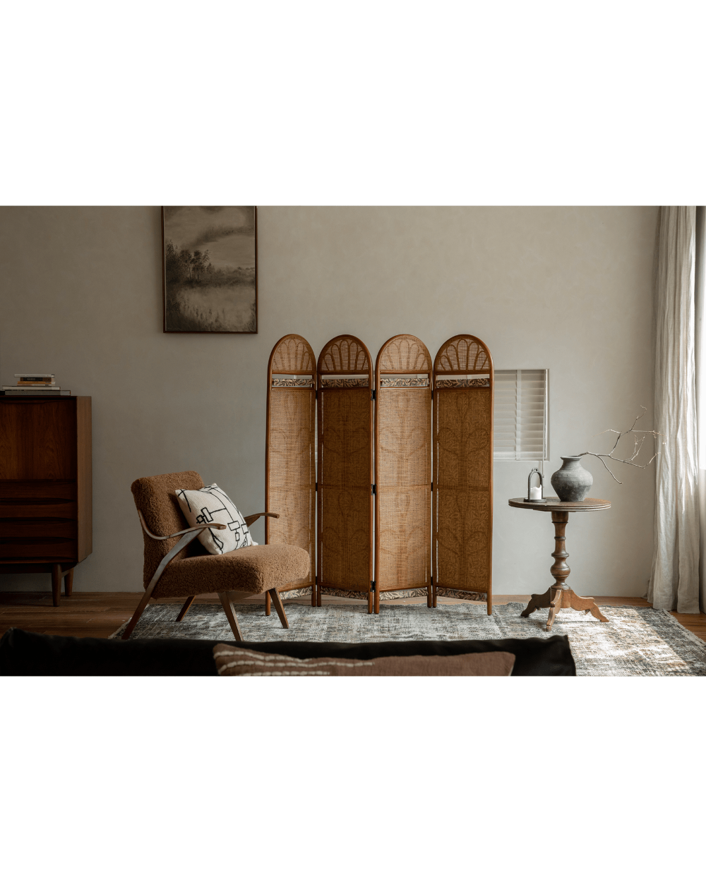 GeTan woven rattan room divider with arched top panels, natural home decor.