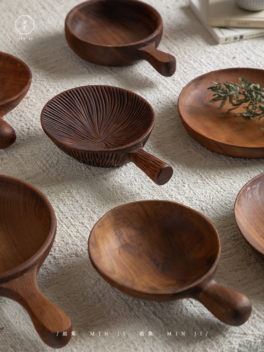 MIN JI Handcrafted Teak Wood Fany Trays for dining presentation and decor