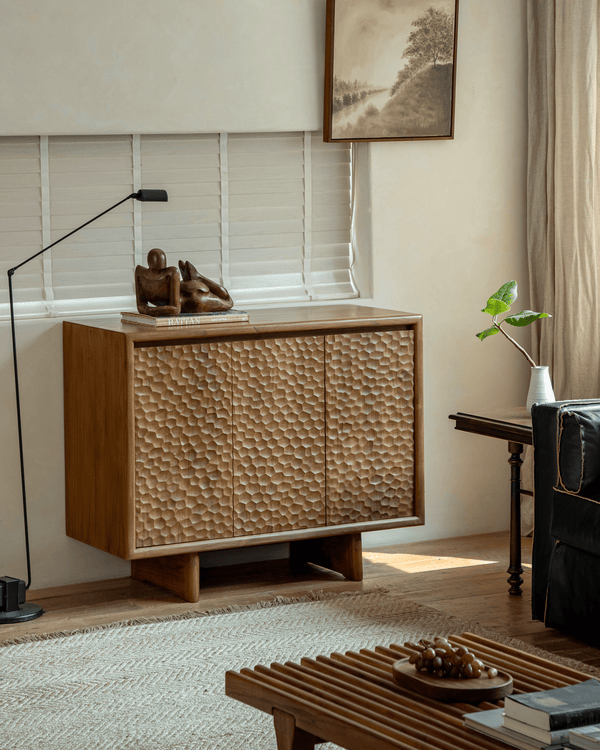NO.3 Wave Cabinet with textured doors in modern vintage living room