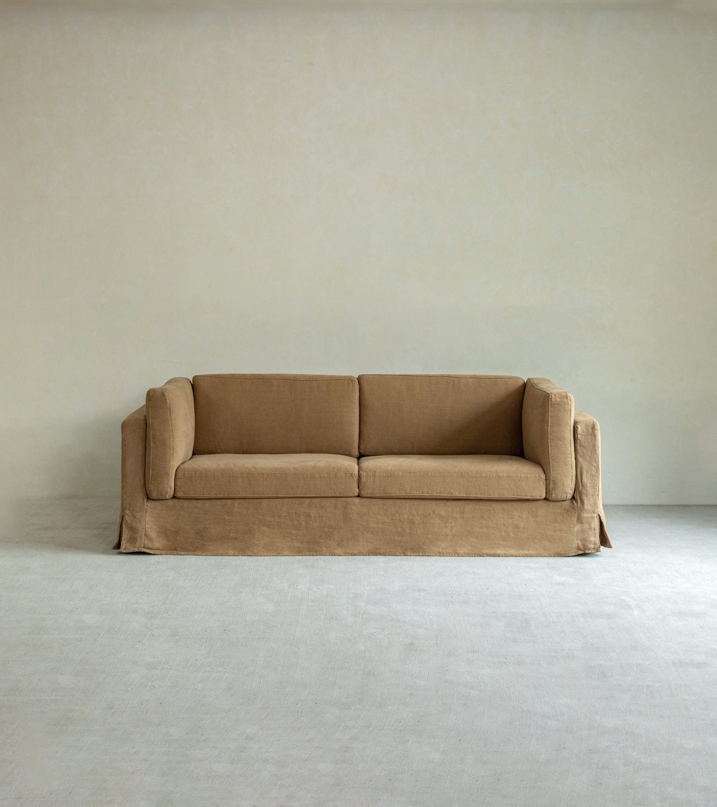 Skirt Linen Sofa in beige linen fabric, modern design, perfect for a peaceful atmosphere