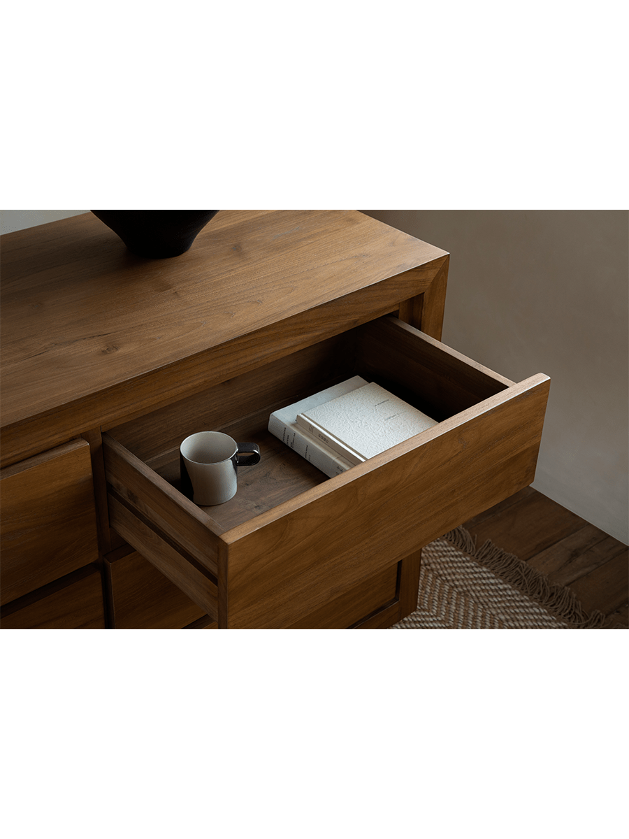 Palette Teak Sideboard with open drawer showcasing solid teak wood and ample storage design