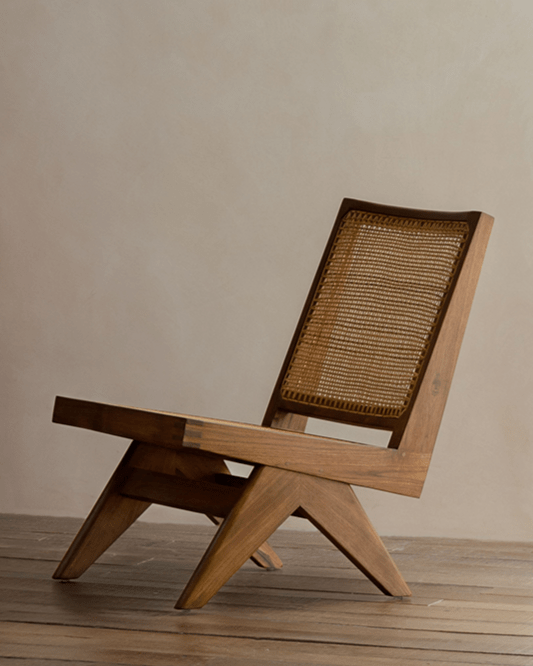 Chandigarh Armless Easy Chair in teak wood with woven rattan backrest