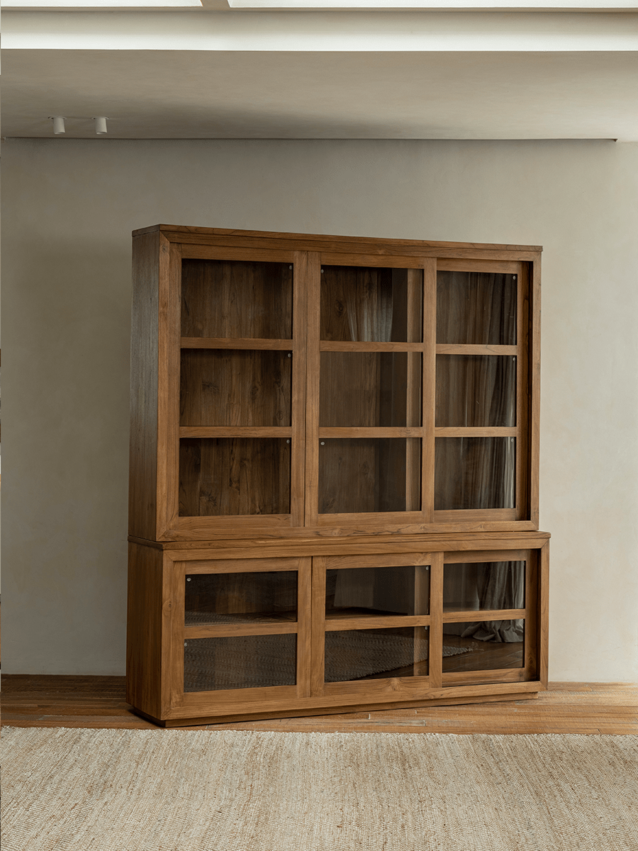 Teak wood Glass Front Bookcase with sliding glass doors, ideal for storage and display