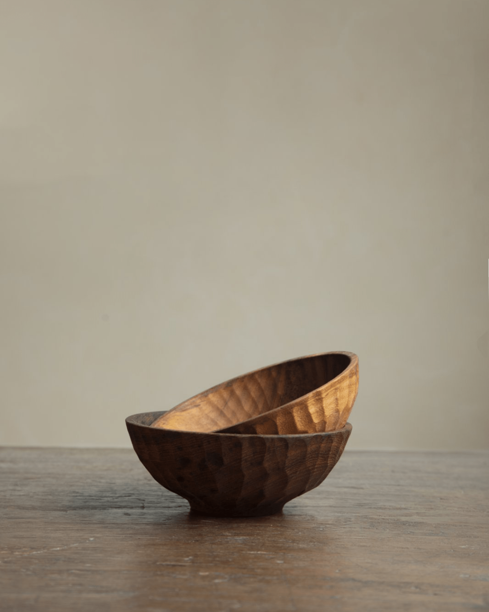 Handmade teak wood double hole bowls, carved texture, wooden home decor.