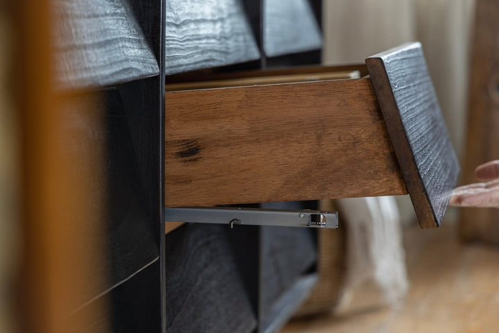 Close-up of NO.9 Sideboard drawer showcasing reclaimed wood craftsmanship.