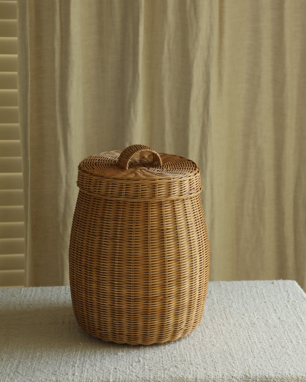 Rustic woven rattan round storage basket with matching lid and handle.