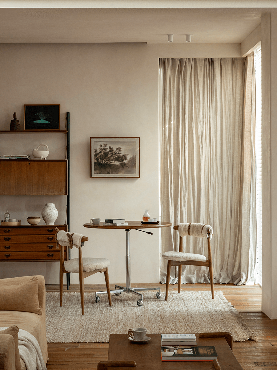 Heart Dining Chair in Danish design, shearling fabric and oak wood, modern interior with vintage decor.